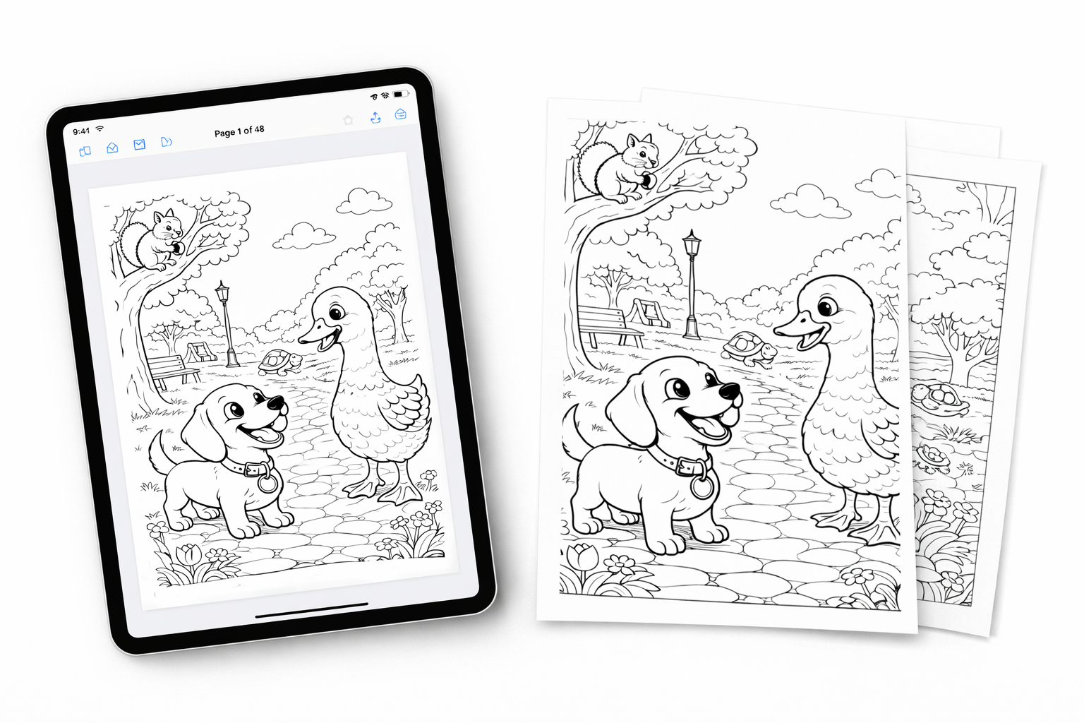 Chili Tales coloring book PDF displayed on tablet with printed pages