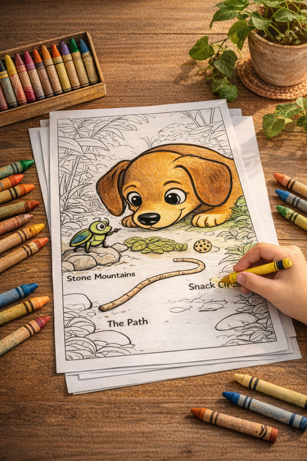 Child coloring Chili Tales printable page at kitchen table